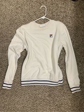 FILA White Crewneck Sweatshirt with Navy Stripe Hem